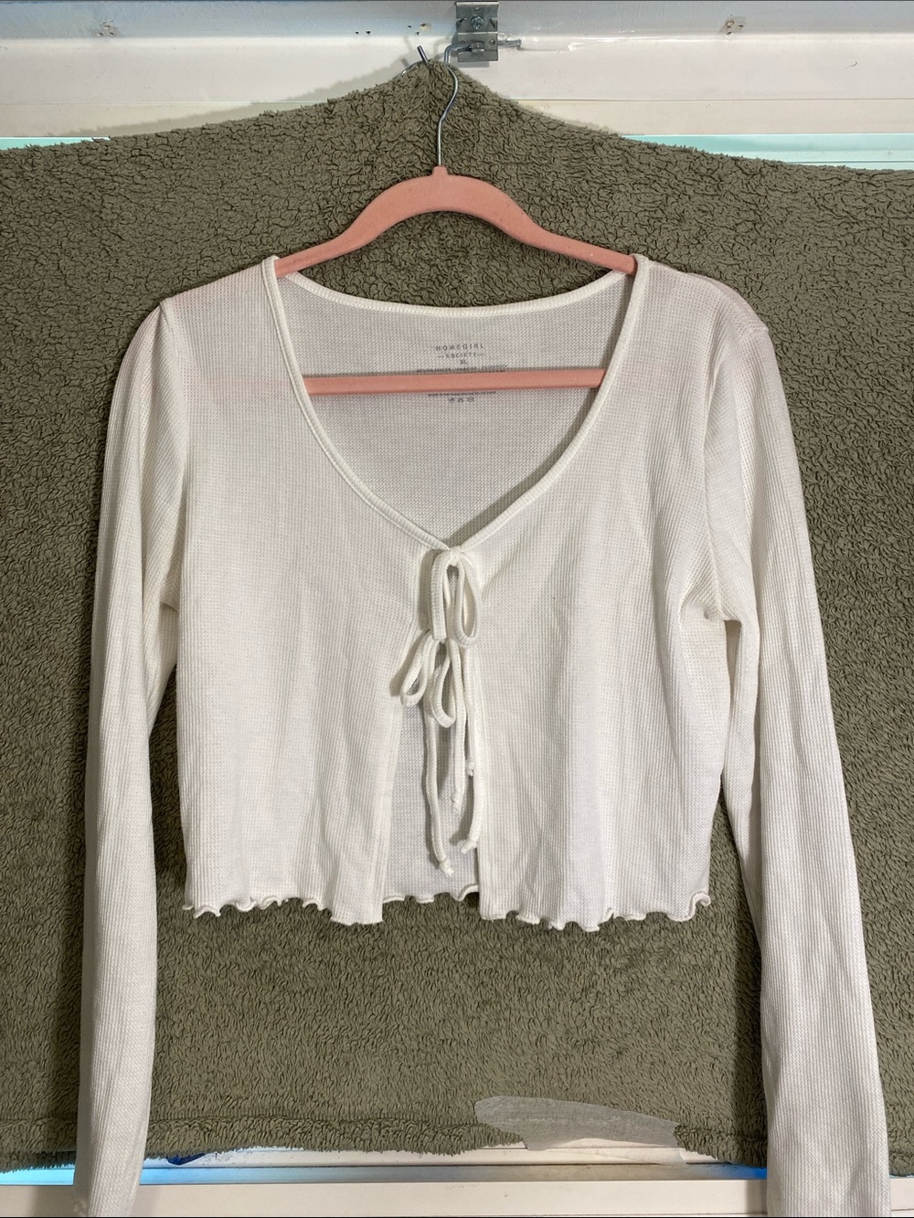 Womens Cream Tie-Front Waffle Knit Crop Top